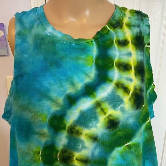 Hand tie dyed sleeveless dress green teal river path L - Picture 6 of 7